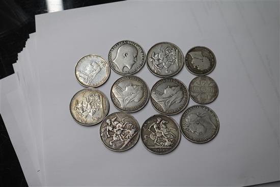 A group of UK silver and bronze coins George III to George VI including an 1844 crown, edge knocks otherwise GVF, 1888 florin, two